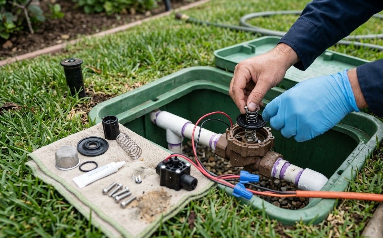 Lawn sprinkler spraying water across green grass close-up