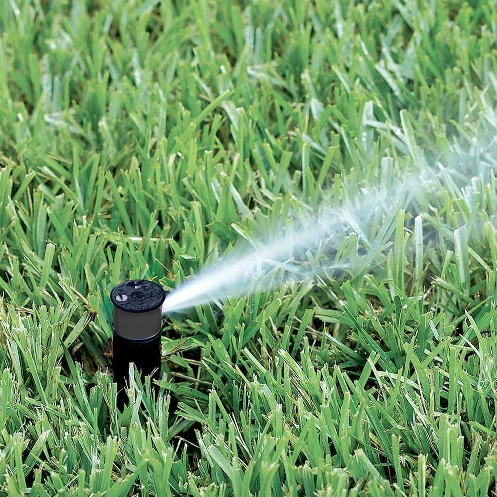 Lawn sprinkler spraying water over green grass