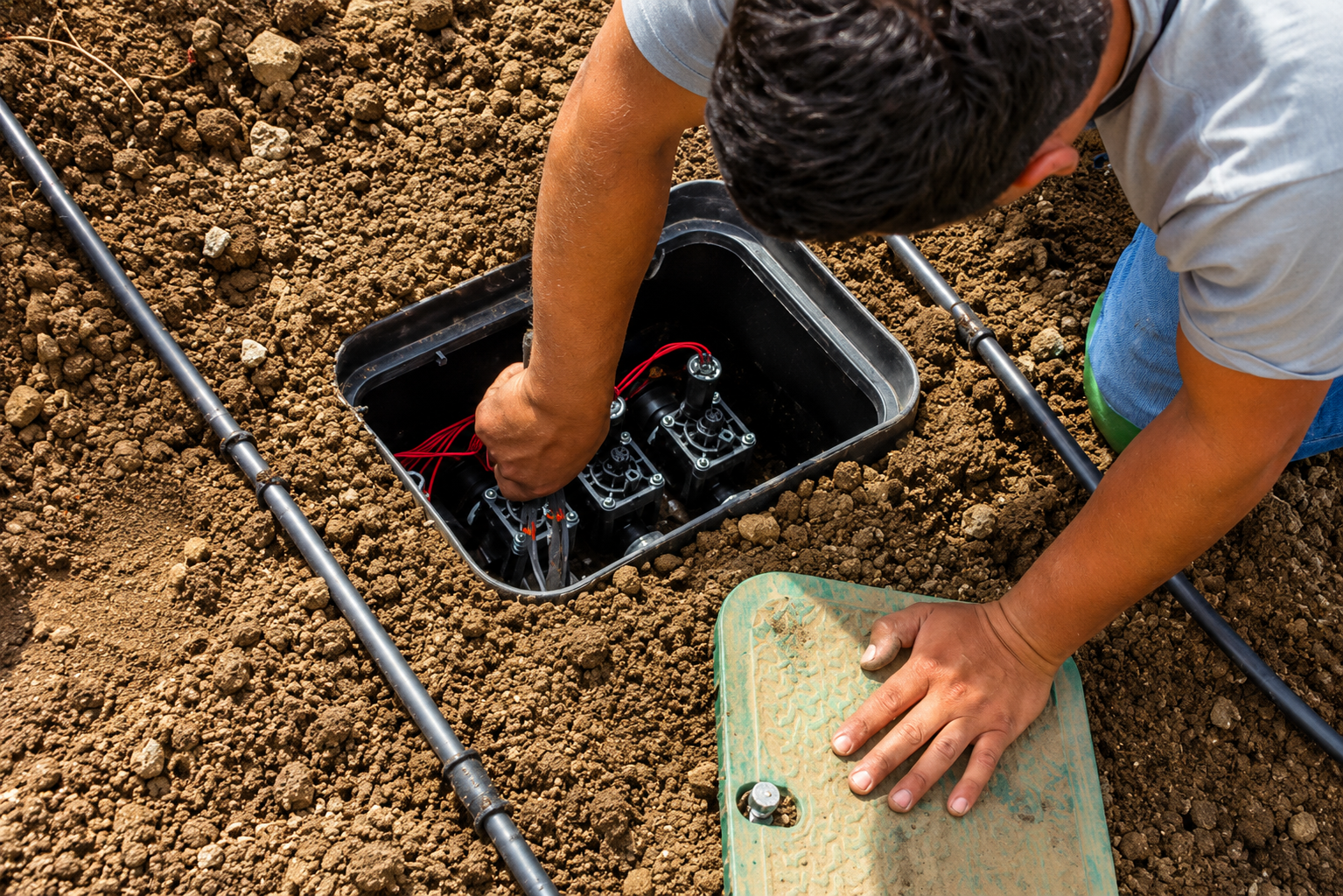 Gloved hand connecting a black irrigation pipe to a sprinkler valve in a dirt hole beside grass