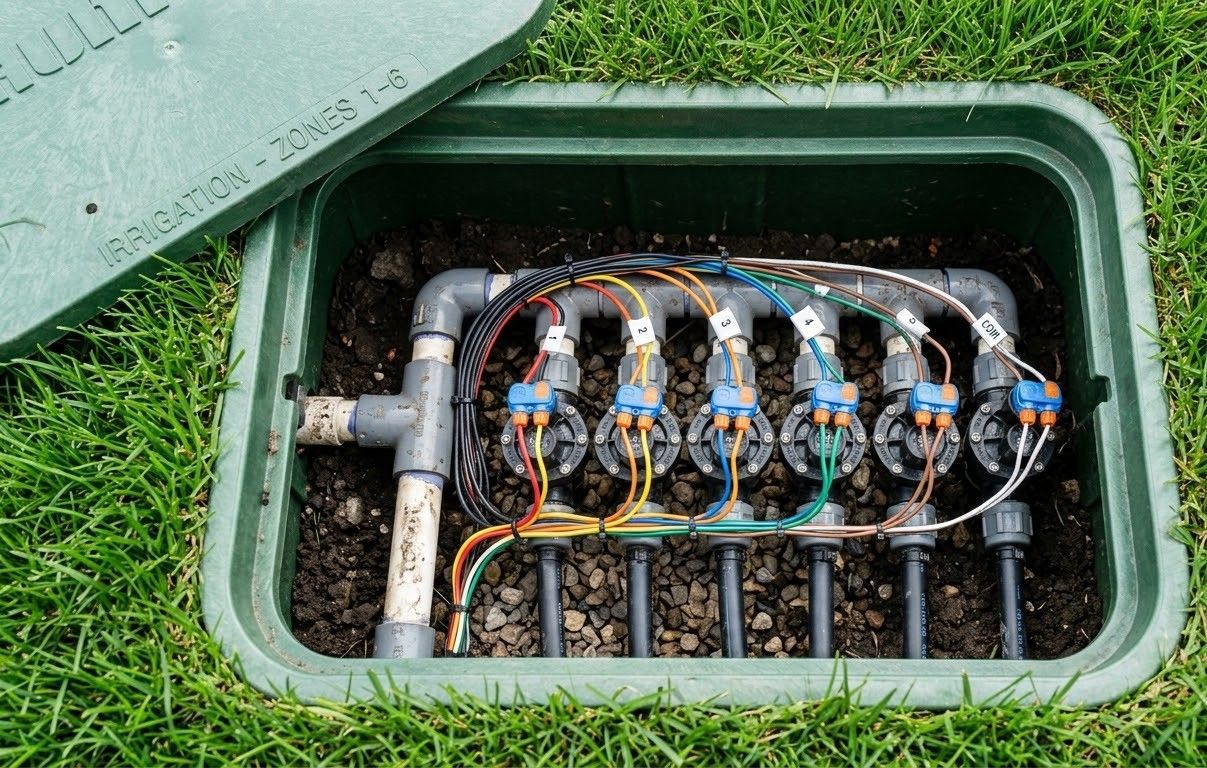 Four black irrigation valves mounted in a ground box with colored wires and white PVC pipes connected