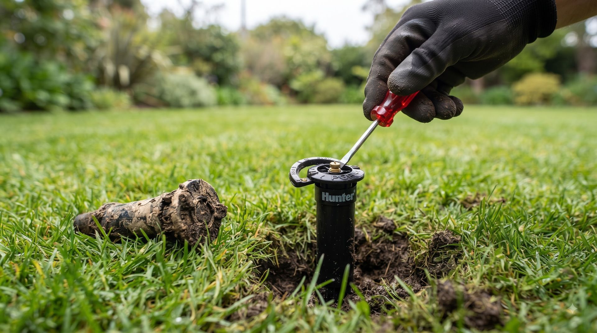 Hands installing a sprinkler valve in a black irrigation box with exposed wires and white PVC pipes