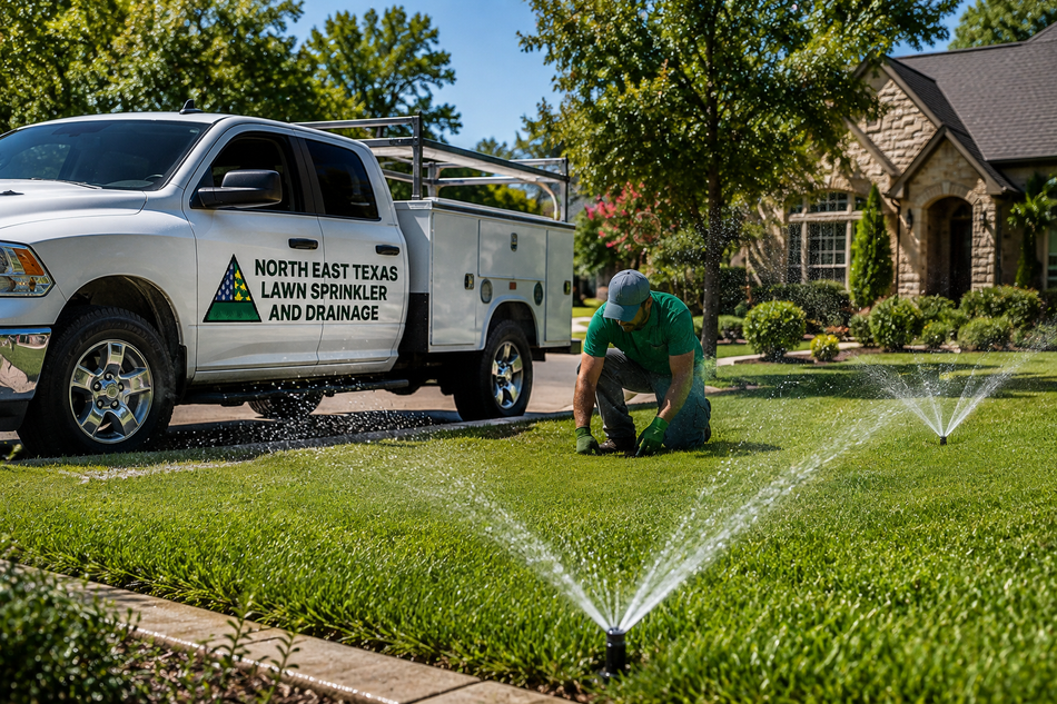 Sprinklers watering a green lawn beside a white utility truck and a worker kneeling in a suburban yard