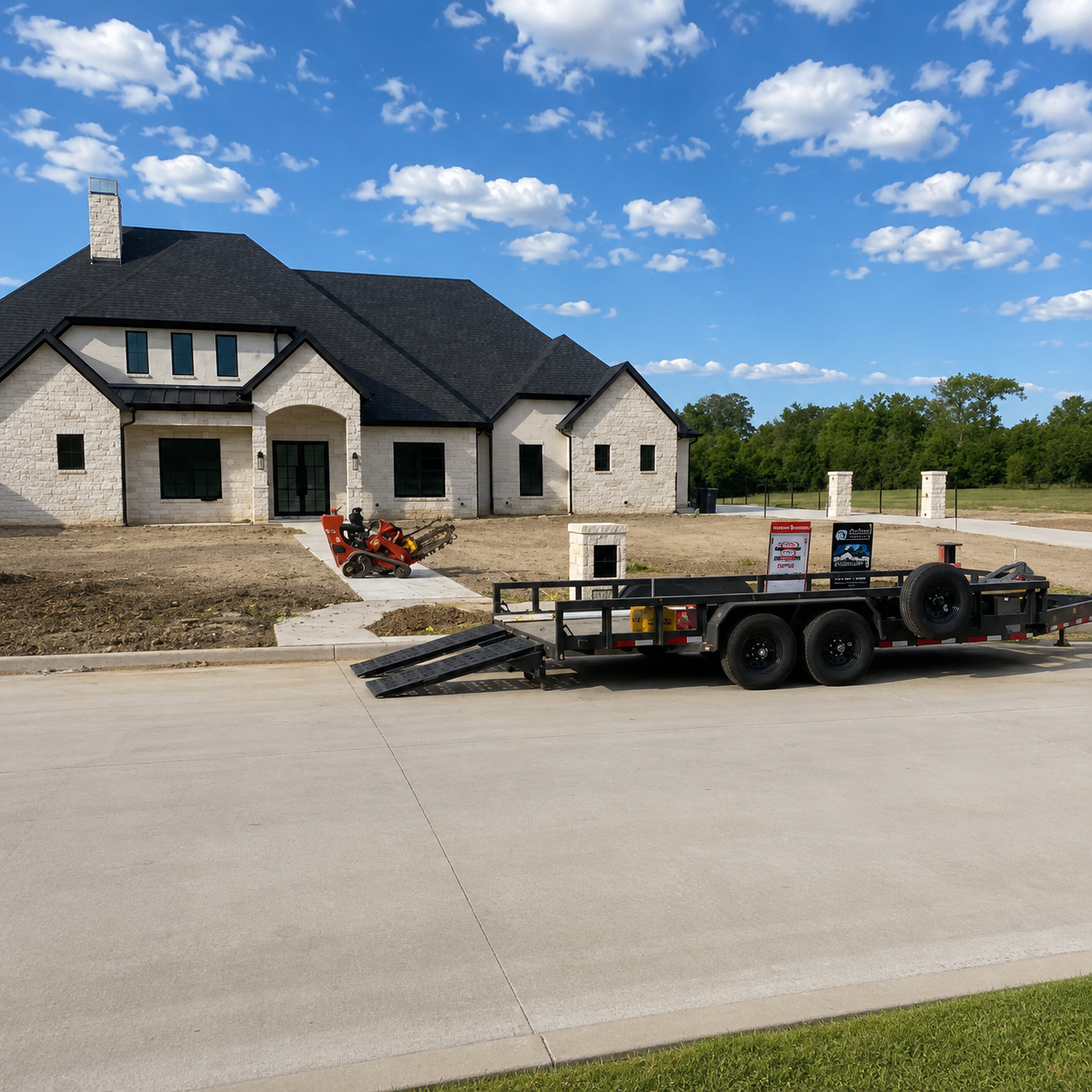 New house with dark roof and stone facade beside a trailer on a paved street under a blue sky