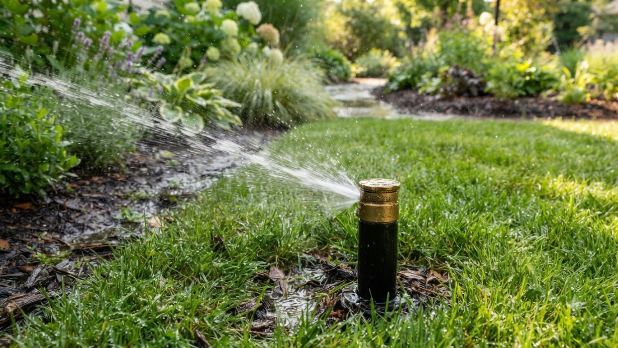 Person kneeling in a garden adjusting a sprinkler beside flowers and a coiled hose at sunset