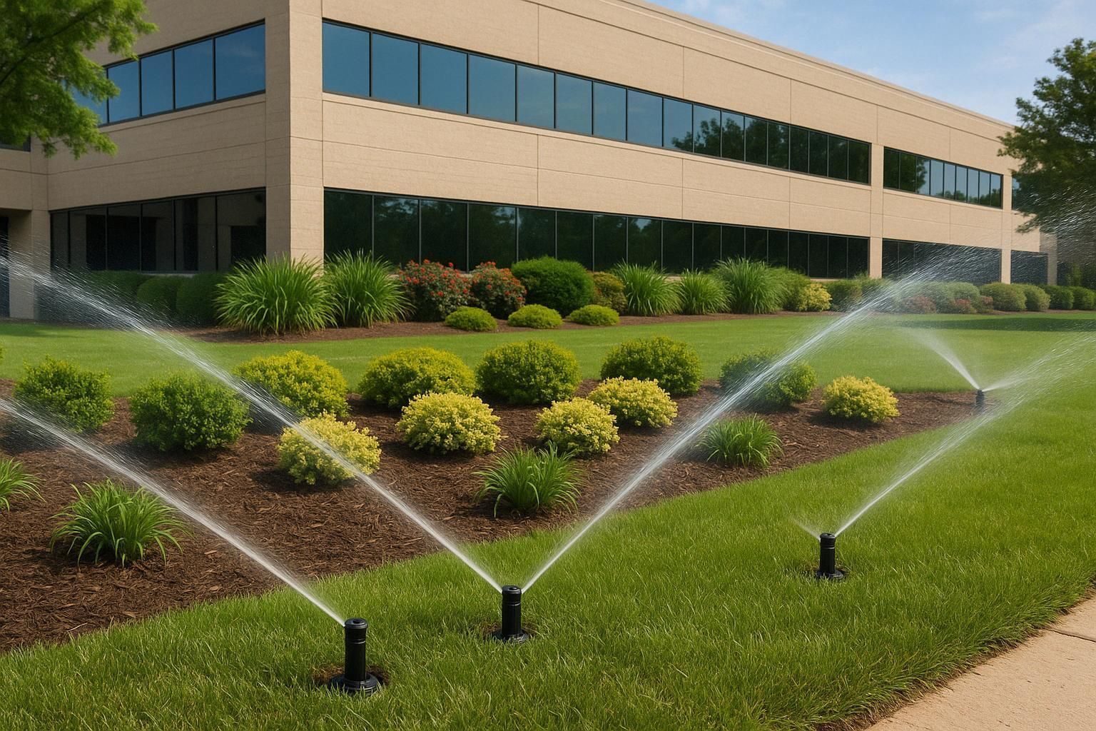 Office building with green lawn and multiple sprinklers watering landscaped shrubs