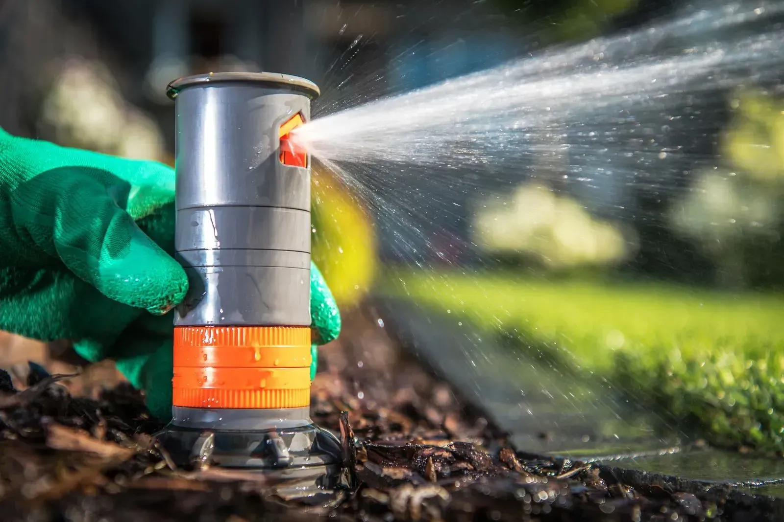 Close-up of a lawn sprinkler spraying water, with a green glove adjusting it in a garden bed.