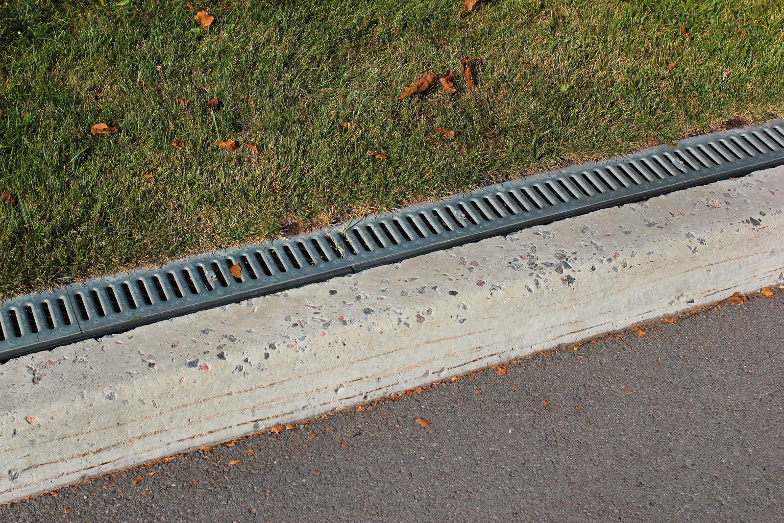 Concrete curb with metal drainage grate beside grass and asphalt road