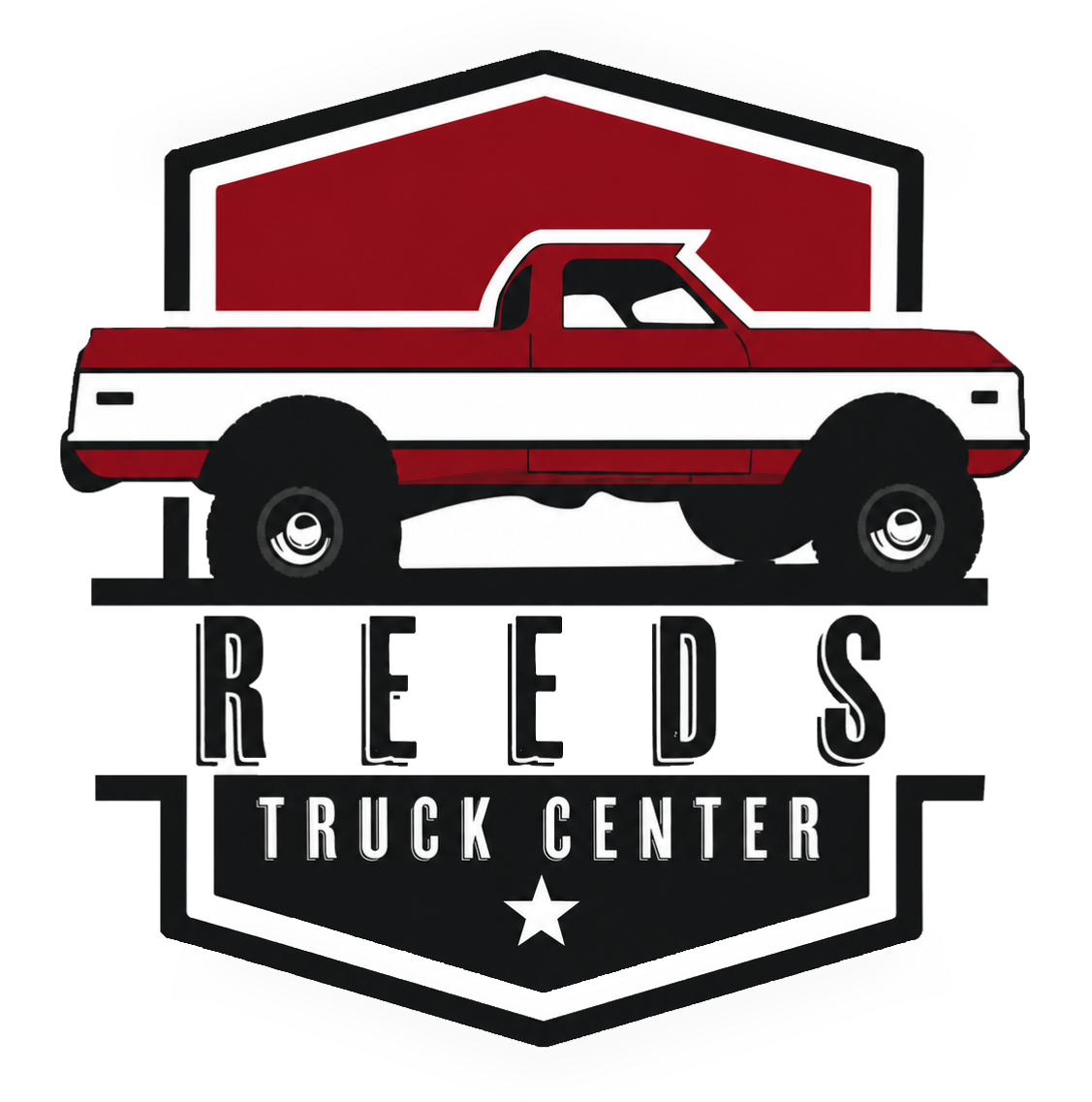 Reed's Truck Center logo with red and white pickup truck and shield emblem