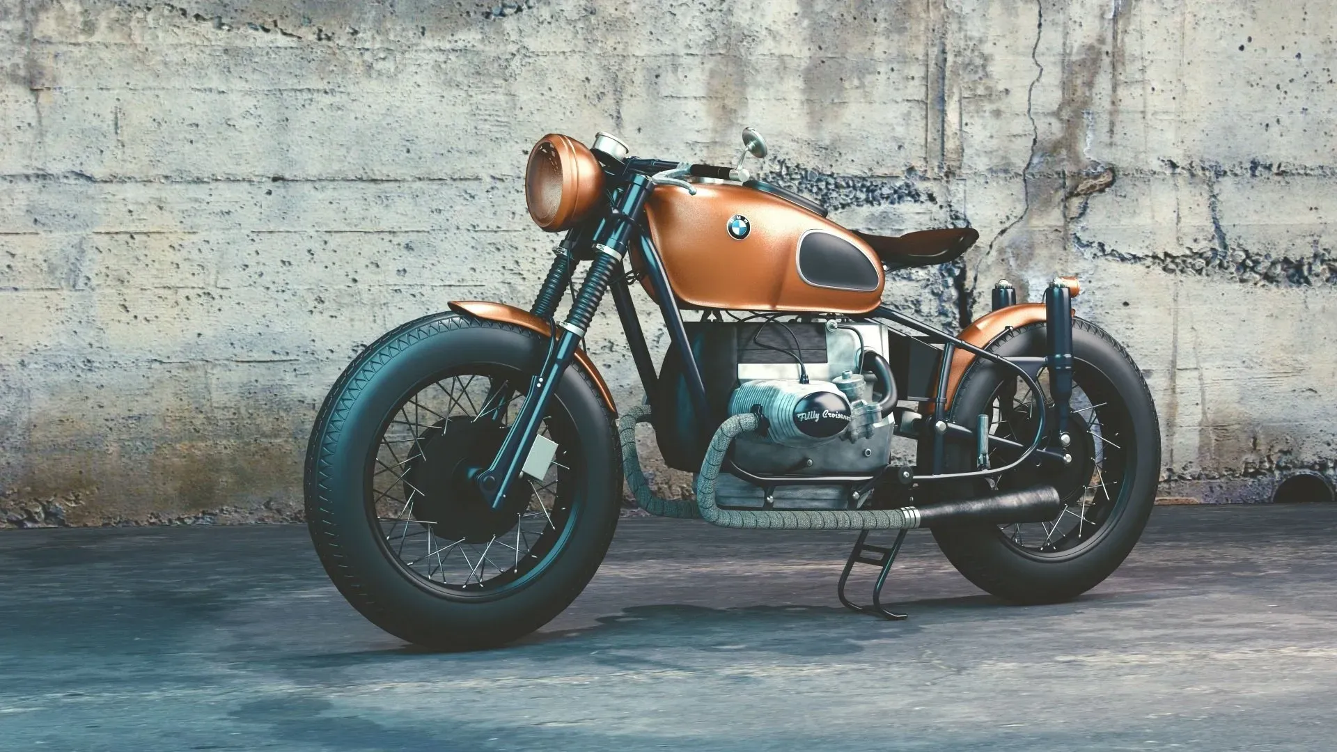 Una motocicletta marrone è parcheggiata davanti a un muro di cemento.