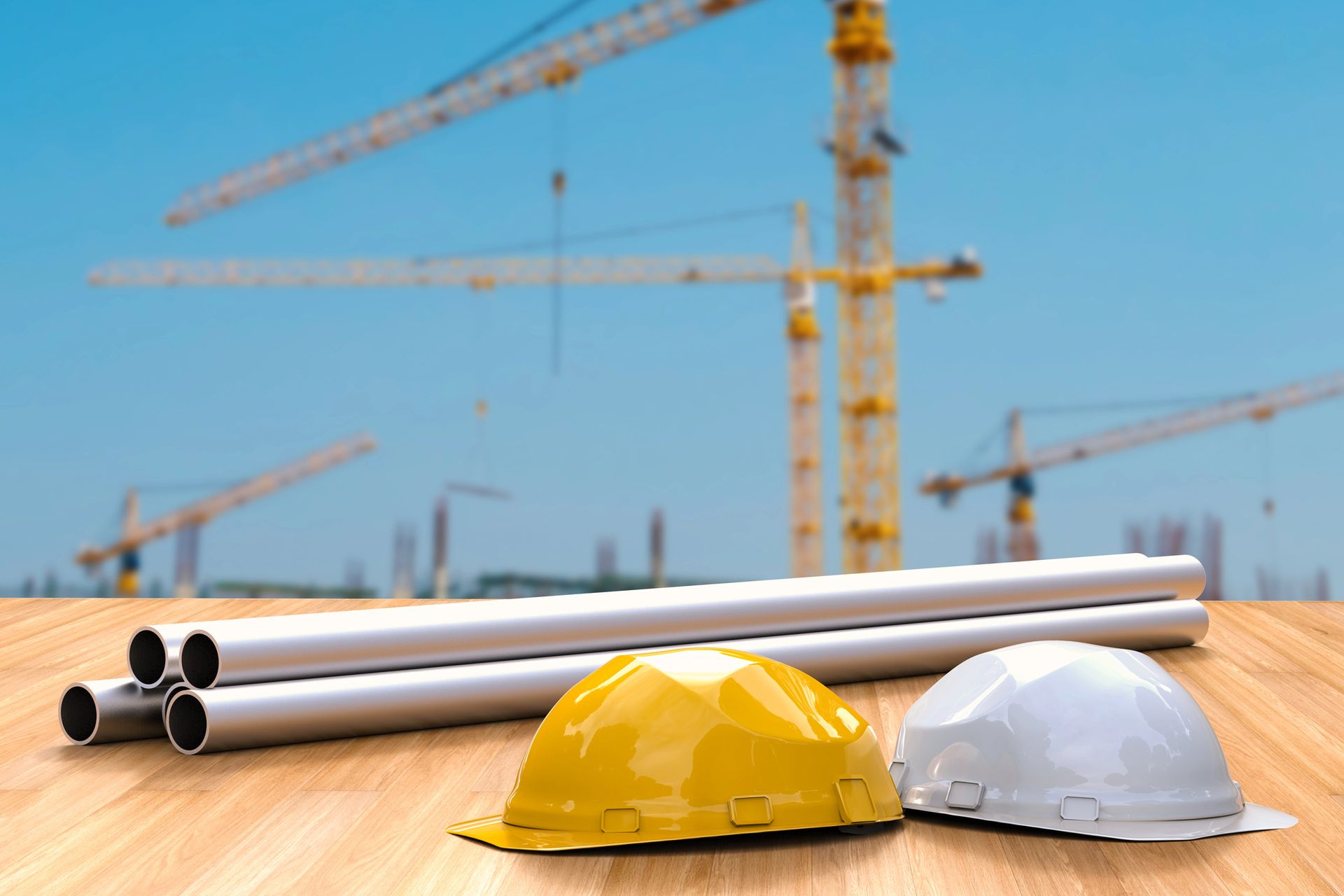 Cantiere edile con tubi bianchi e caschi di sicurezza gialli e bianchi su una superficie di legno.