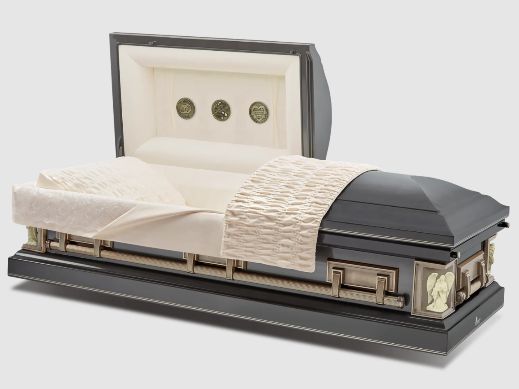 Red roses rest atop a closed, polished wooden casket.