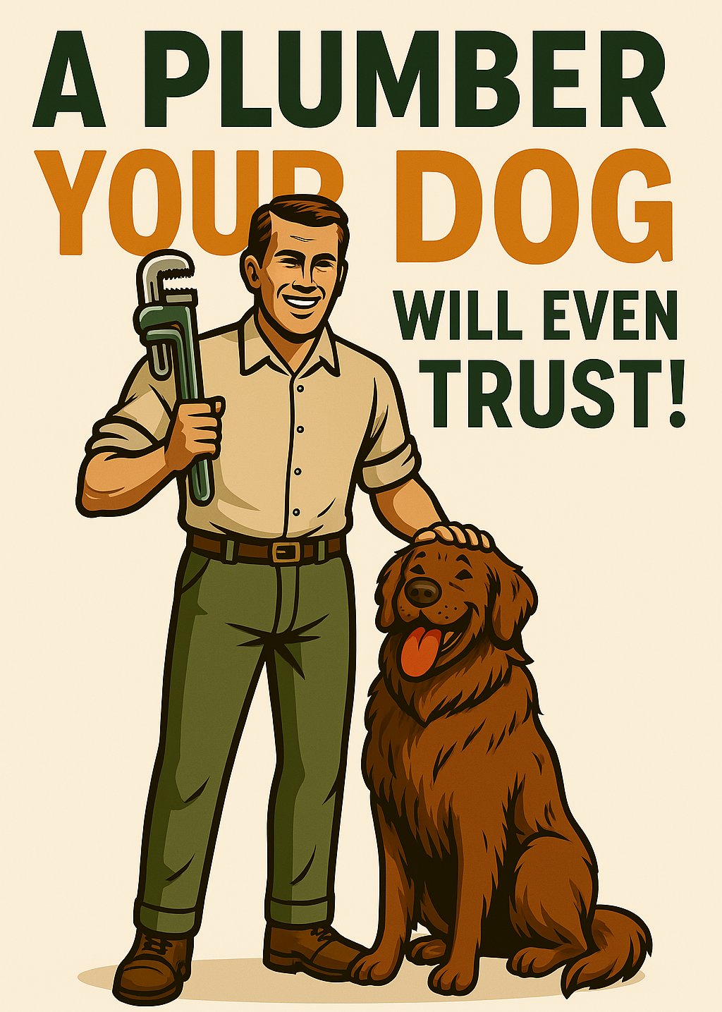 A plumber is standing next to a dog holding a wrench.
