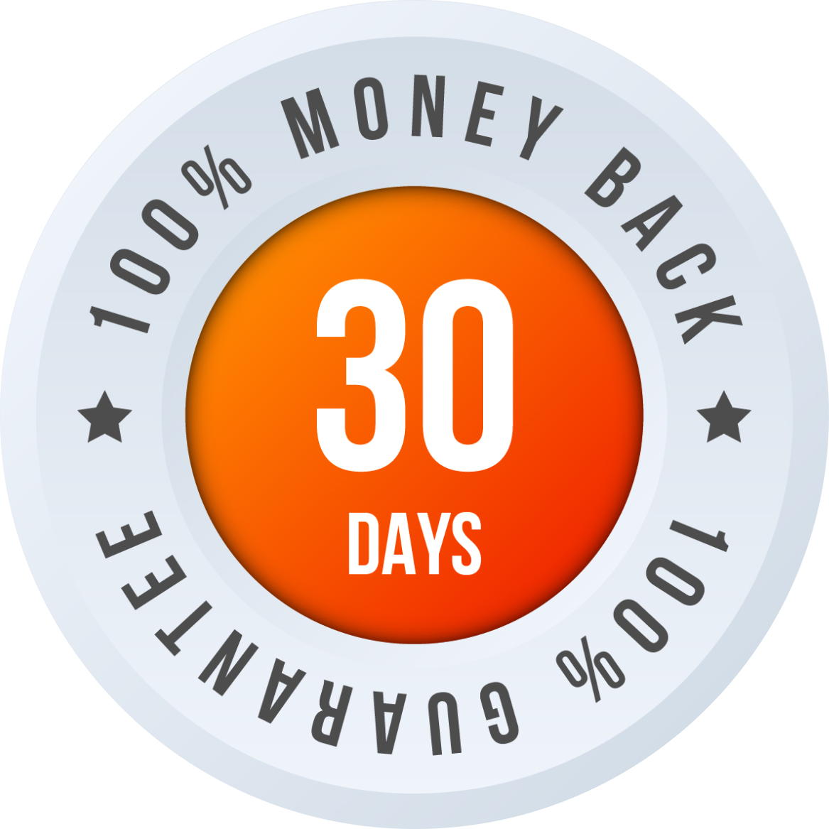 A sticker that says 100 % money back 30 days
