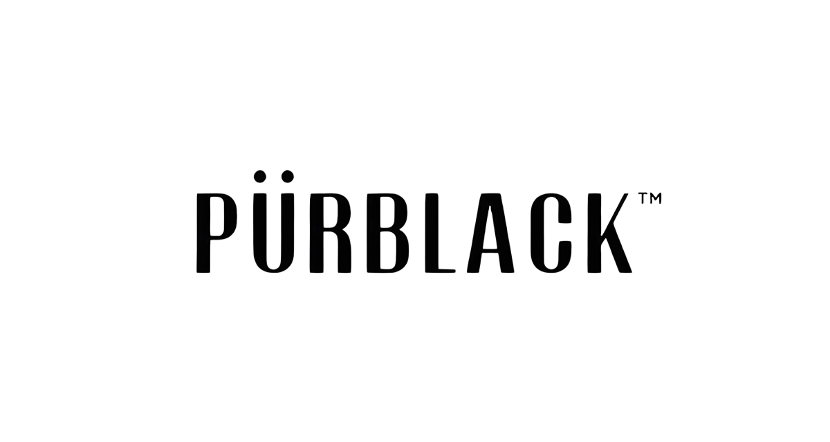 A black and white logo for purblack on a white background.