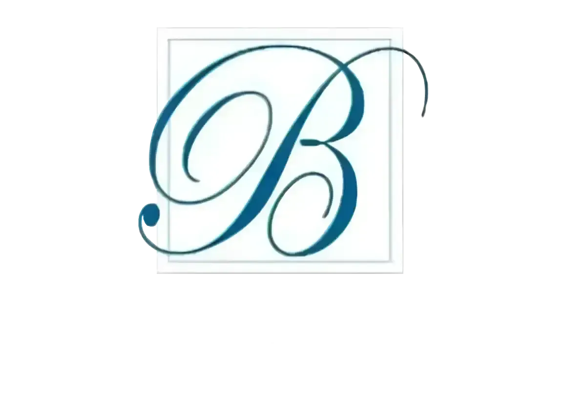 A teal, elegant cursive letter "B" centered inside a thin, light-gray square border on a white background.