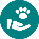 A hand is holding a paw print in a blue circle.