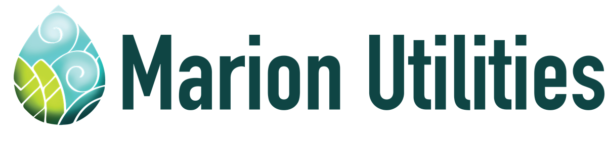Marion Utilities logo with teal text and a water droplet, leaf, and sun icon
