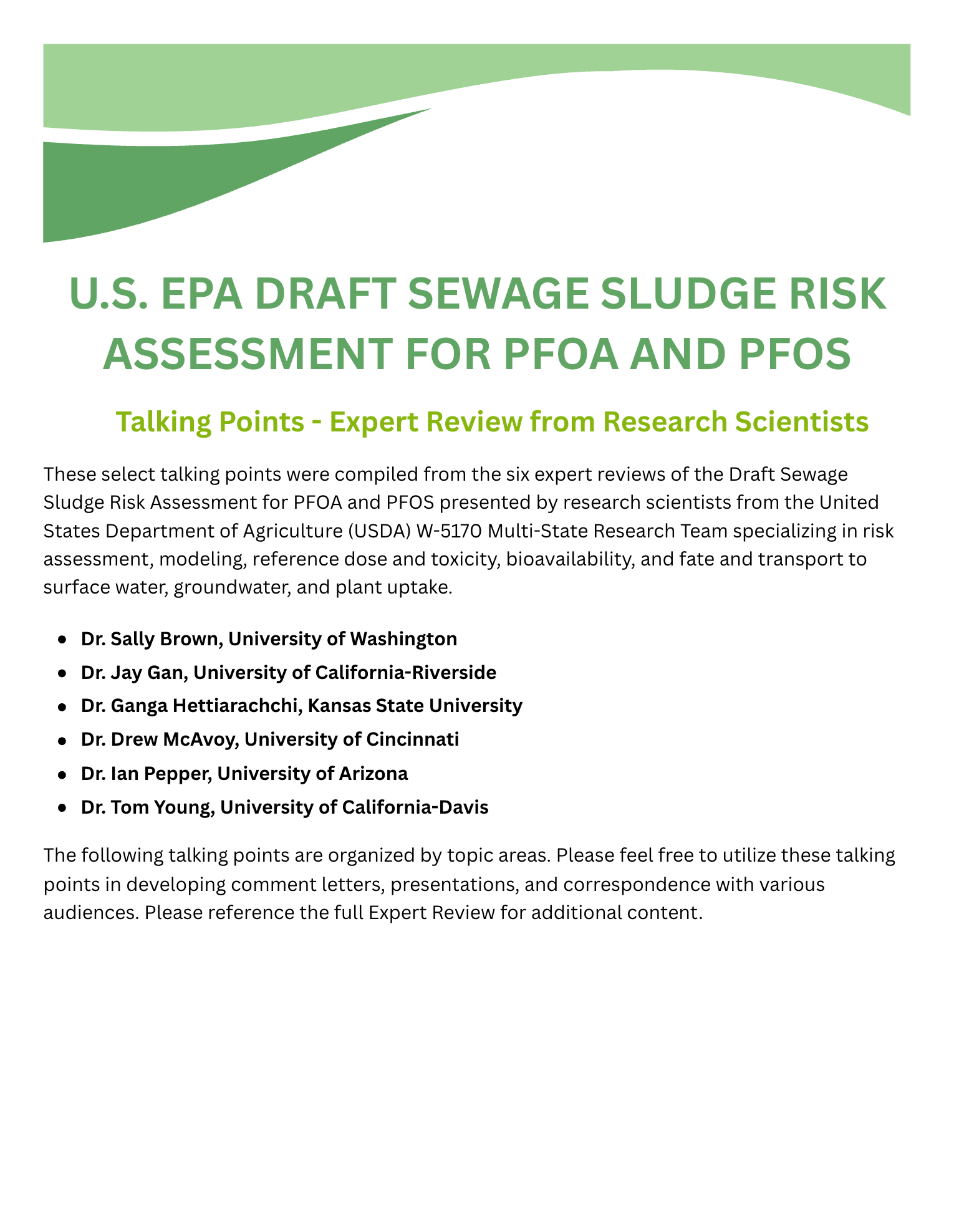 EPA draft sewage sludge risk assessment cover for PFOA and PFOS, green and white text page