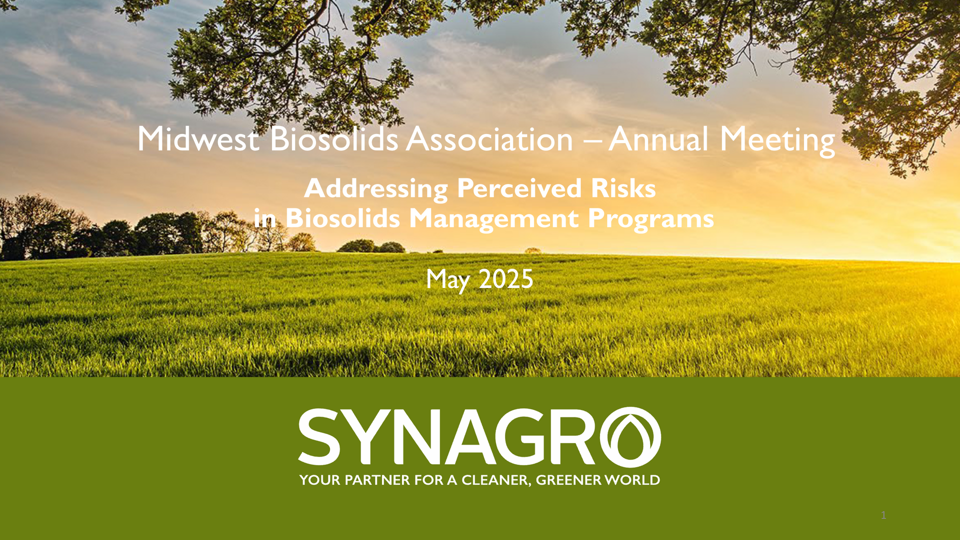 Midwest Biosolids Association annual meeting slide with field background and Syngro logo