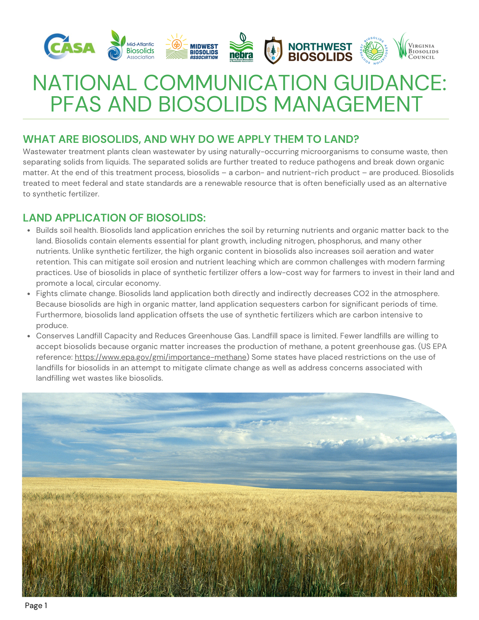 Brochure cover with logos and title about PFAS and biosolids management over a wheat field landscape