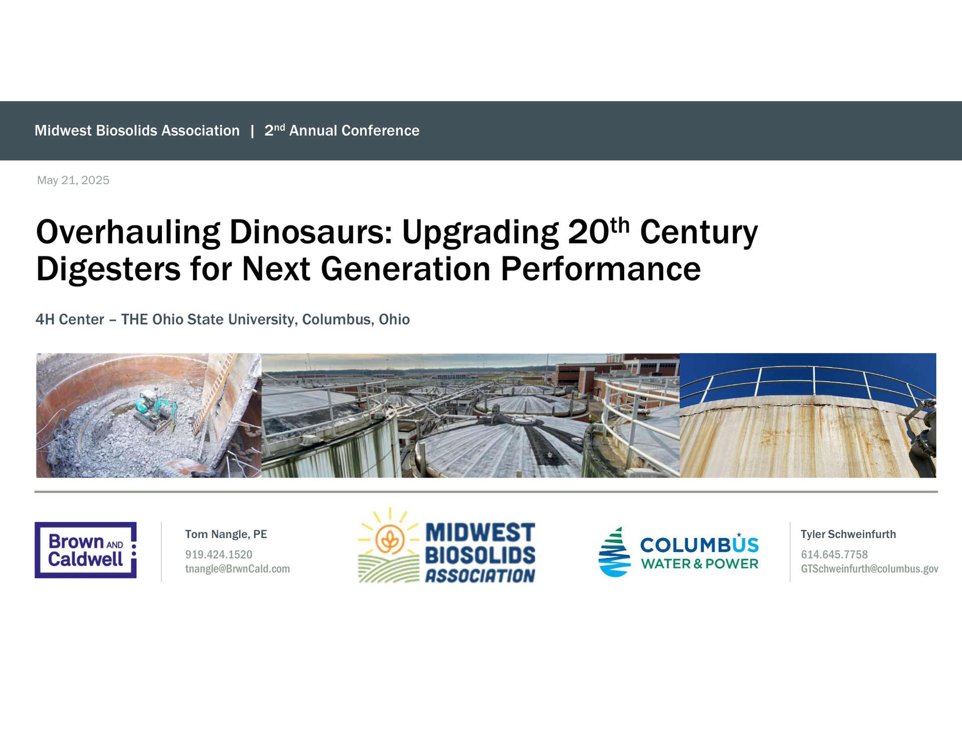 Conference slide titled “Overhauling Dinosaurs: Upgrading 20th Century Digesters for Next Generation Performance”
