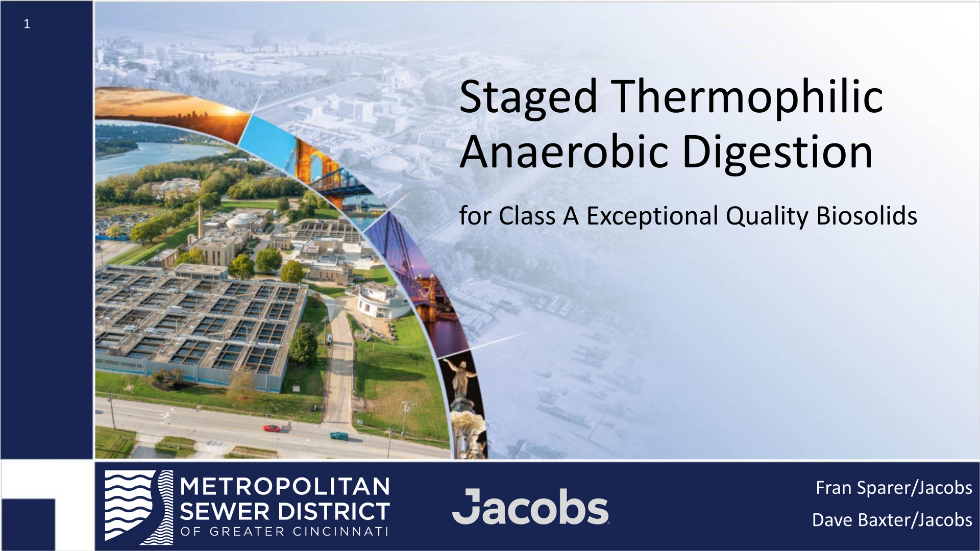 Presentation slide titled “Staged Thermophilic Anaerobic Digestion” with aerial plant photo and Jacobs branding