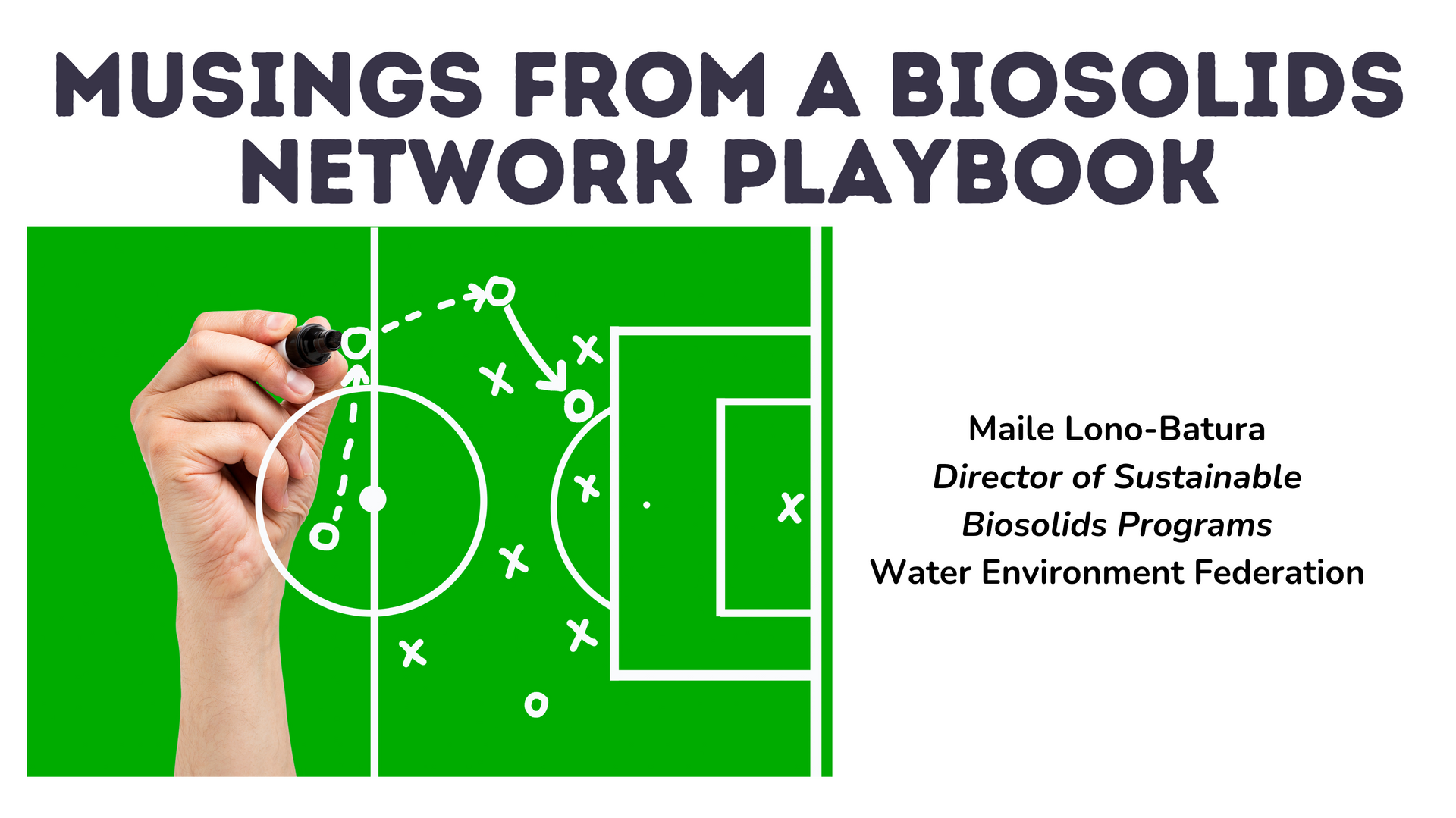Title slide: hand drawing soccer playbook on green field, “Musings from a Biosolids Network Playbook” text.