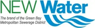 New Water logo with green and blue text and blue water waves, branded by the Green Bay Metropolitan Sewerage District