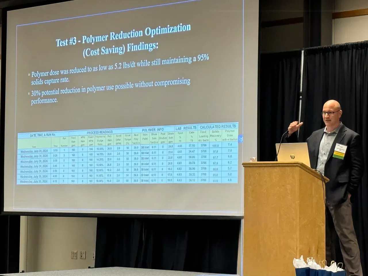 Speaker beside podium presenting slide with table in a conference room
