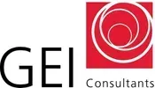 GEI Consultants logo with black text and a red square spiral icon