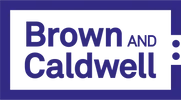 Brown and Caldwell logo in dark blue text on a white background with a blue border