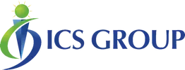 ICS Group logo with green figure and blue swirl icon on white background