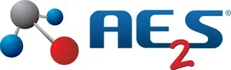 AES logo with blue letters and a gray, blue, and red molecule icon
