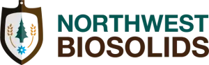 Northwest Biosolids logo with brown and teal text and a shield emblem with tree and droplet icons