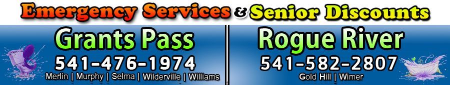 Advertisement for emergency services in Grants Pass (541-476-1974) and Rogue River (541-582-2807). Senior discounts offered.