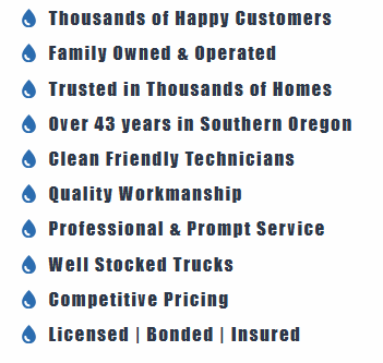List of company attributes with water drop icons, including