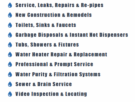 List of plumbing services: repairs, installations, sewer, video inspection.