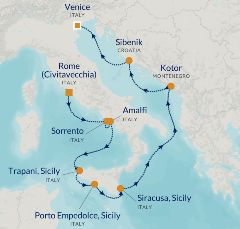 A map showing an Azamara cruise route to amalfi and venice