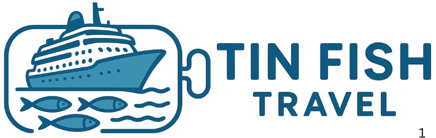 The logo for tin fish travel shows a cruise ship and fish.