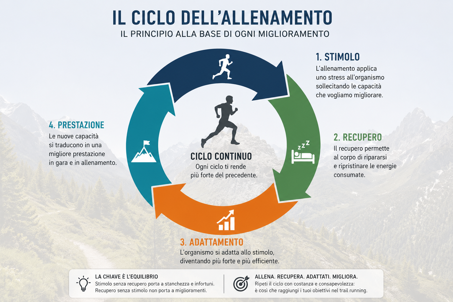 Infografica che mostra come l'adattamento all'allenamento dipenda dal corretto equilibrio tra stimolo e recupero.