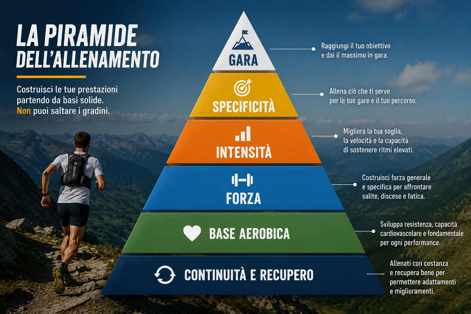 Piramide delle priorità nell'allenamento del trail running con base aerobica, forza, intensità e specificità.