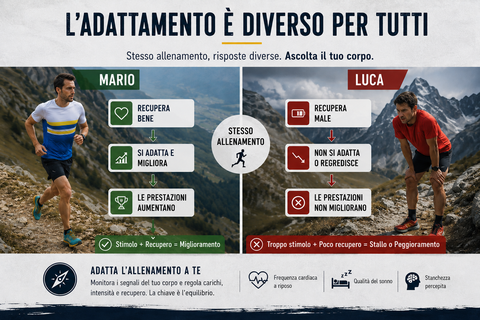 infografica che mostra come l'adattamento all'allenamento sia diverso per ogni atleta diversità dell'adattamento all'allenamento fra due soggetti
