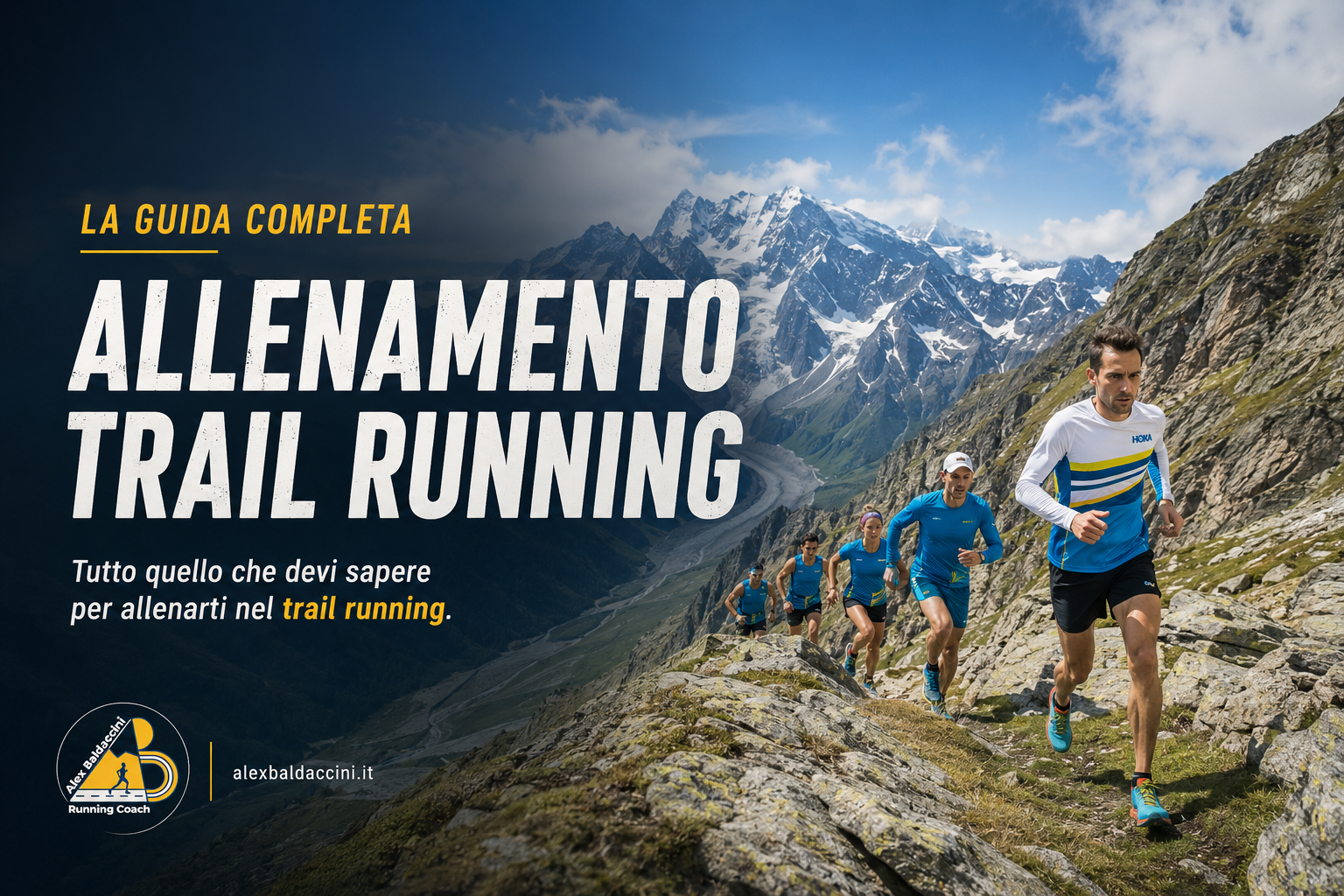 Alex Baldaccini guida un gruppo di atleti in allenamento trail running su sentiero di montagna