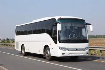 Autobús blanco de turismo circulando por una autopista bajo un cielo despejado