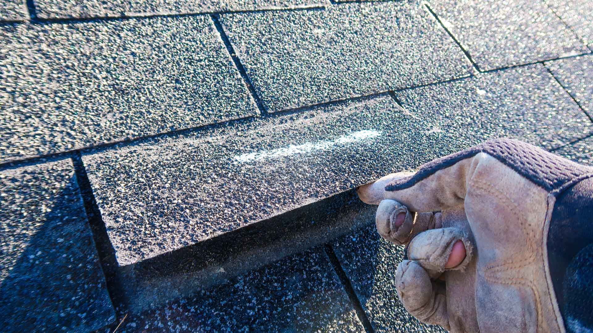 Inspector assessing asphalt shingles for storm damage and necessary roof repair services.