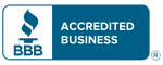 BBB Accredited Business logo, blue and white, with flame symbol.