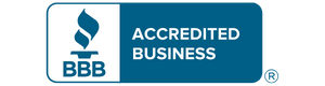 BBB Accredited Business logo, blue and white, flame icon with