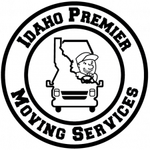 Idaho Premier Moving Services logo: Truck driving through Idaho outline, cartoon driver.