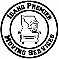 Idaho Premier Moving Services logo: Truck driving through Idaho outline, cartoon driver.