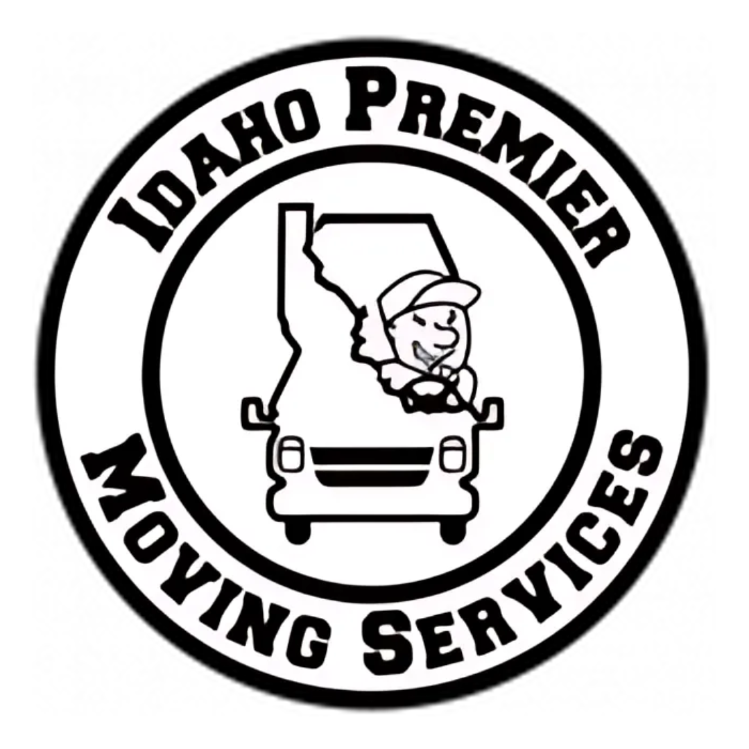 Idaho Premier Moving Services logo with a moving truck and map outline in black and white